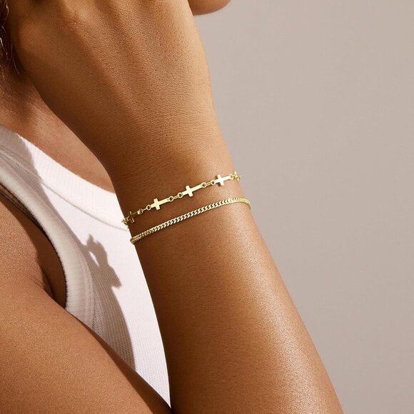 Gold-Style 14 Dainty Stack Cuban Cross, Rope Bracelets Jewelry Gifts for Women - Picture 2 of 8